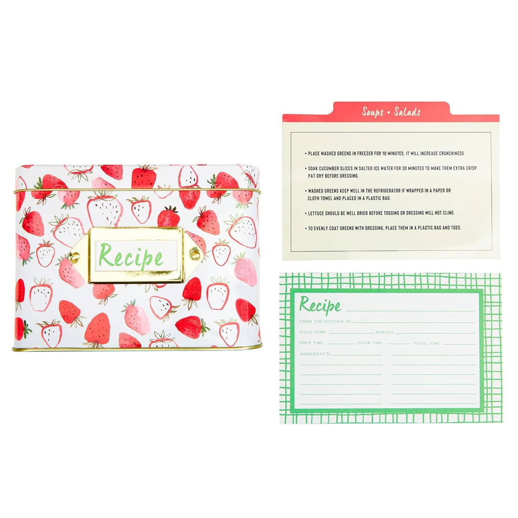 CR Gibson Strawberry Fields recipe tin box, front view with sample divider and recipe card.