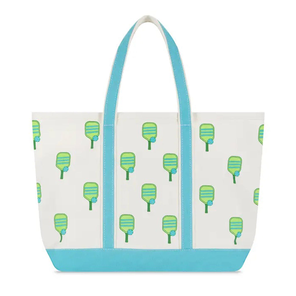 Crab & Cleek Pickler Pickleball large boat tote with pickleball paddle and ball print and turquoise blue trim, front view.