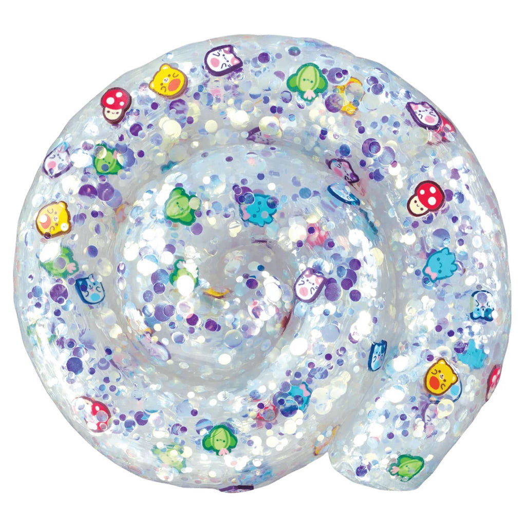 Crazy Aaron's Kawaii Cute clear thinking putty with kawaii-themed clay pieces, in a swirl blob to show texture.