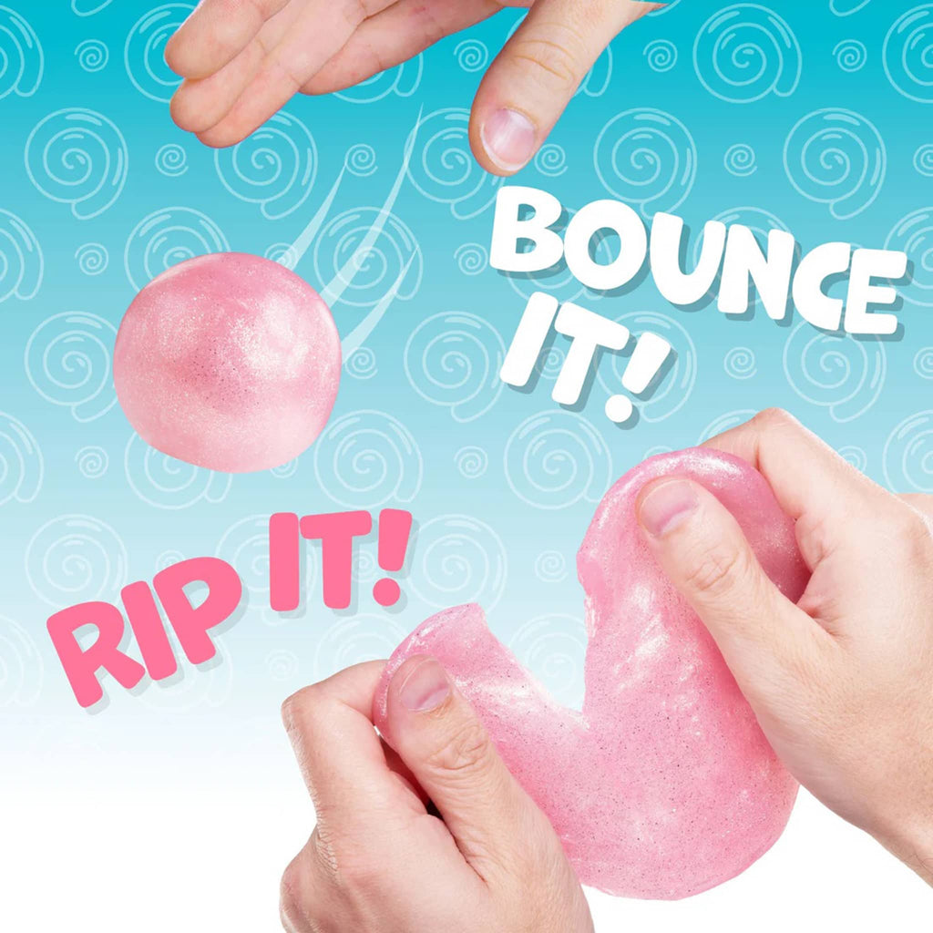 Pink slime being stretched and dropped with text 'Bounce It!' and 'Rip It!' on a blue background.