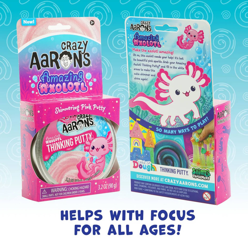 Packaging front and back for Crazy Aaron's Amazing Axolotl Putty on a blue and white patterned background.