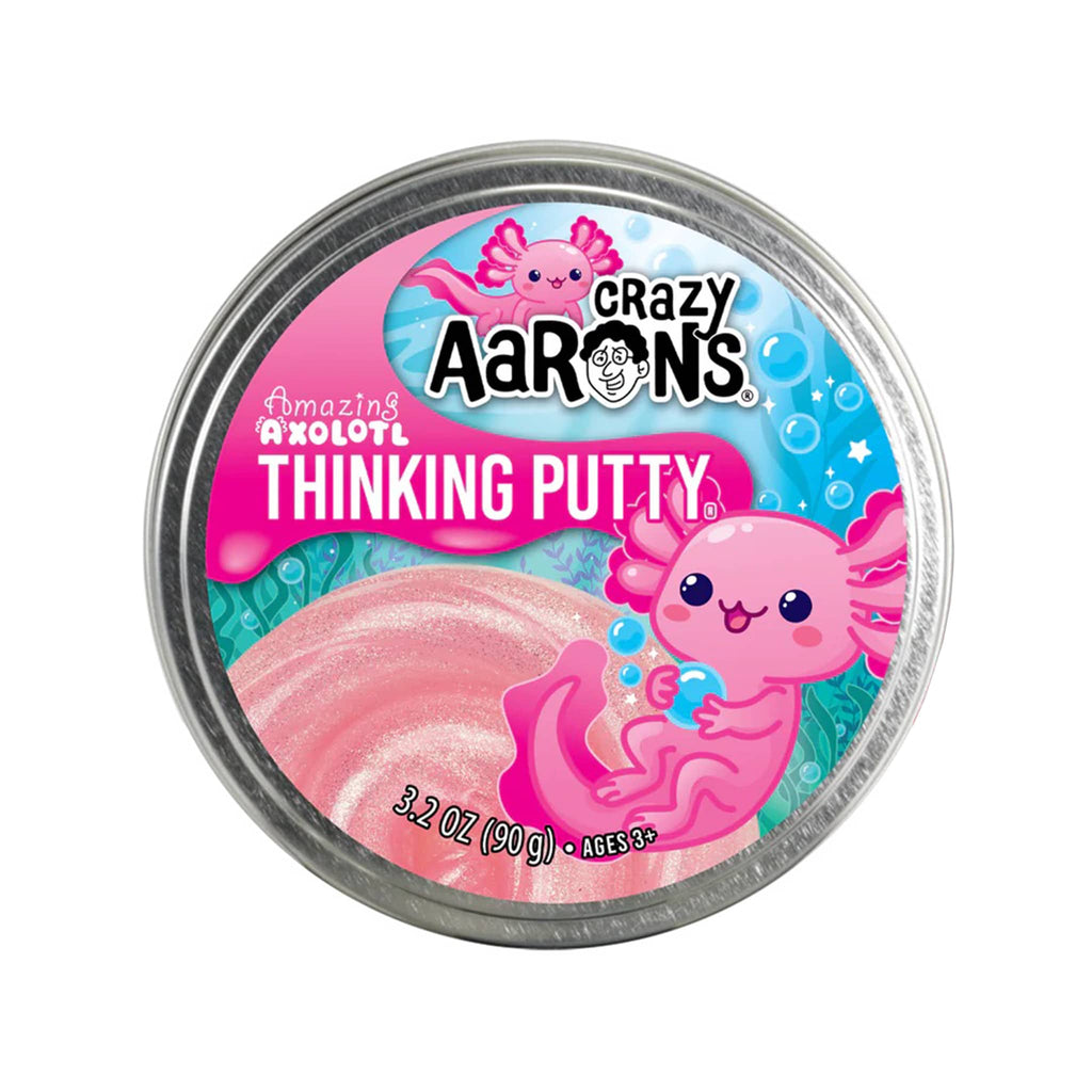 Crazy Aaron's Amazing Axolotl Thinking Putty container with pink axolotl design on a white background.