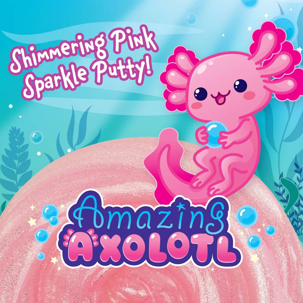 Pink axolotl with 'Amazing Axolotl' text on a blue underwater-themed background with a swirl of sparkly pink thinking putty.