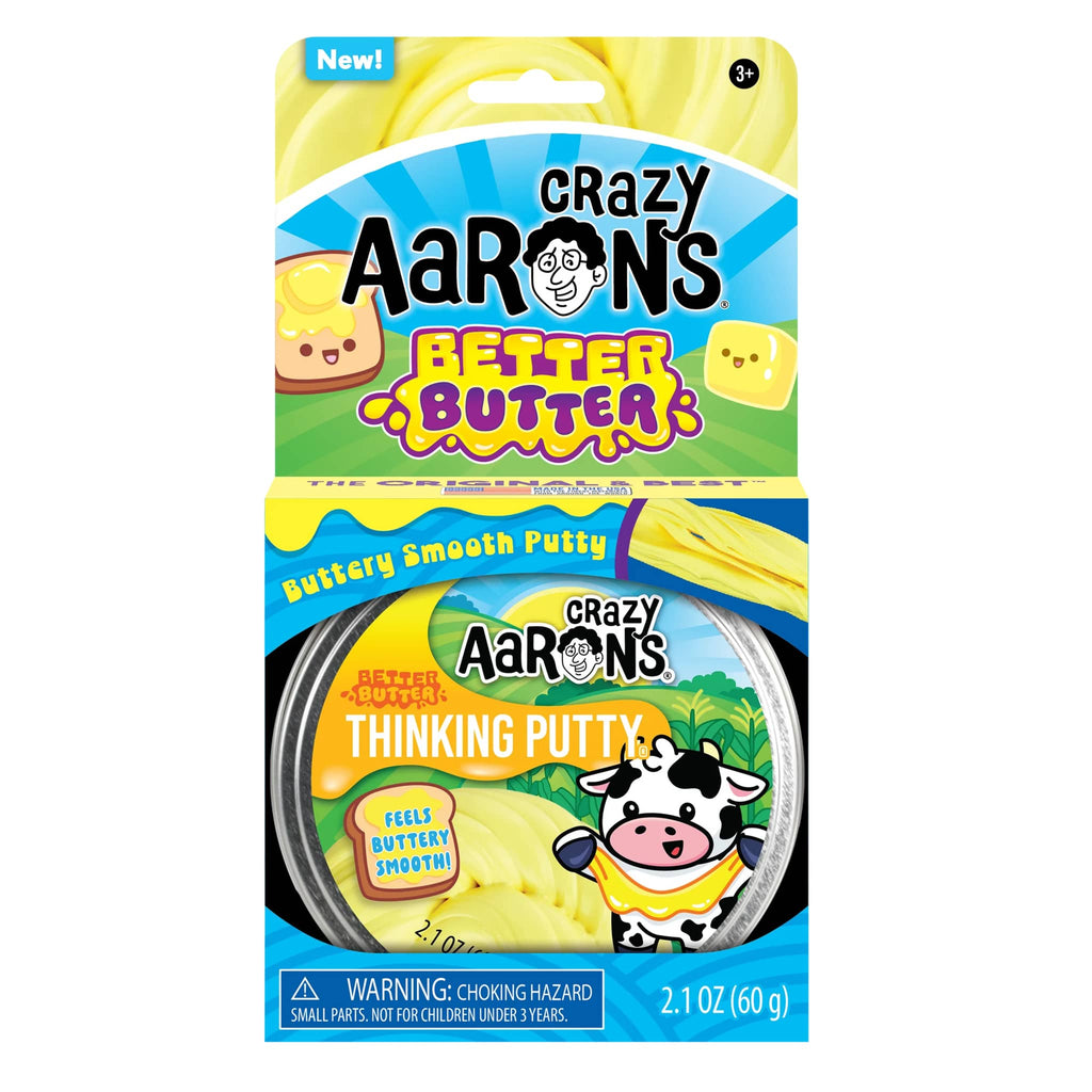 Crazy Aaron's Better Butter Thinking Putty packaging with a cartoon cow character, on a white background.