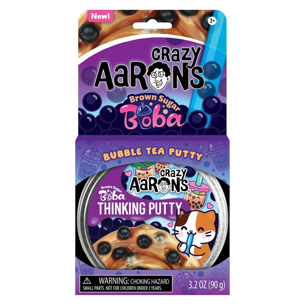 Crazy Aaron's Brown Sugar Boba thinking putty in box packaging, front view.