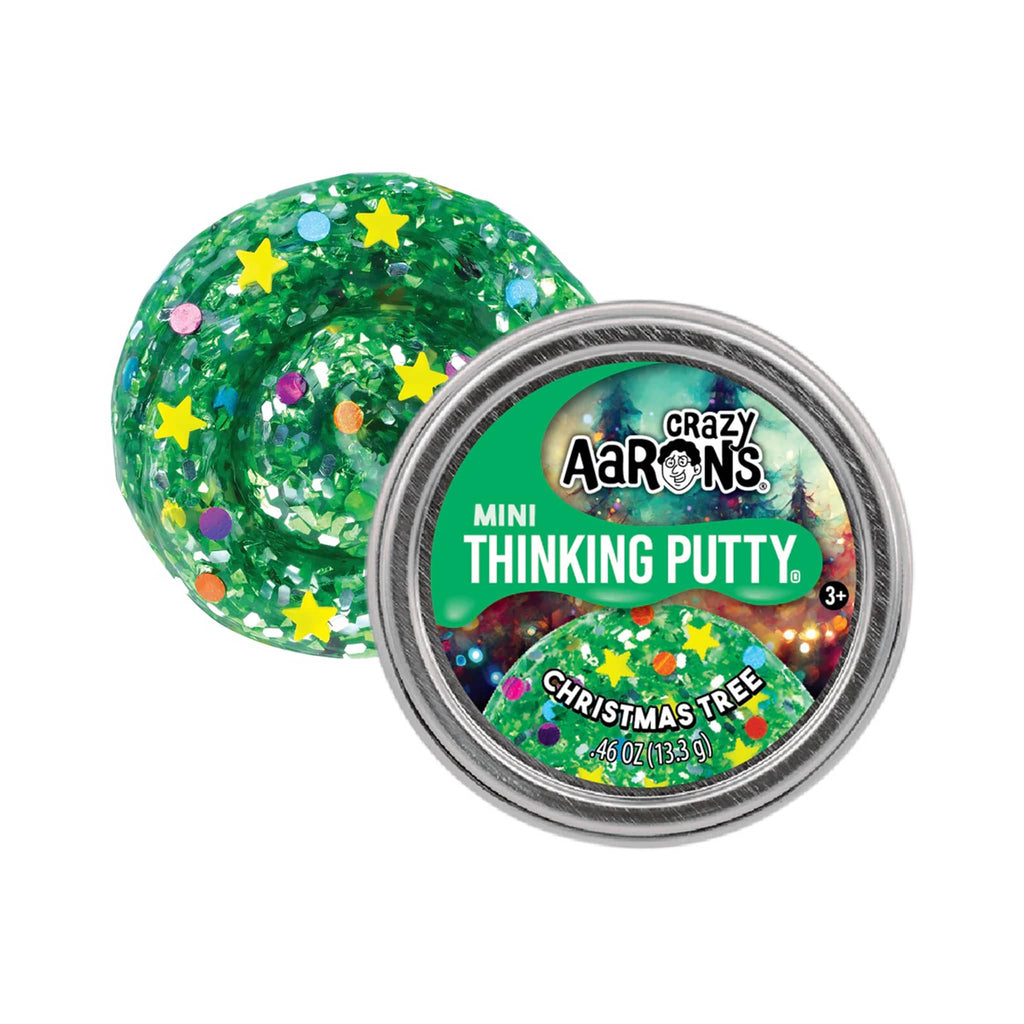 Crazy Aaron's Christmas Tree mini holiday thinking putty in tin with swirl.