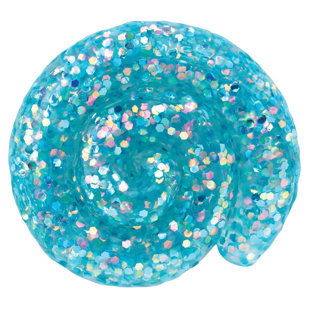 Crazy Aaron's Dolphin Dance aqua blue thinking putty with iridescent confetti pieces, in a swirl blob to show texture.