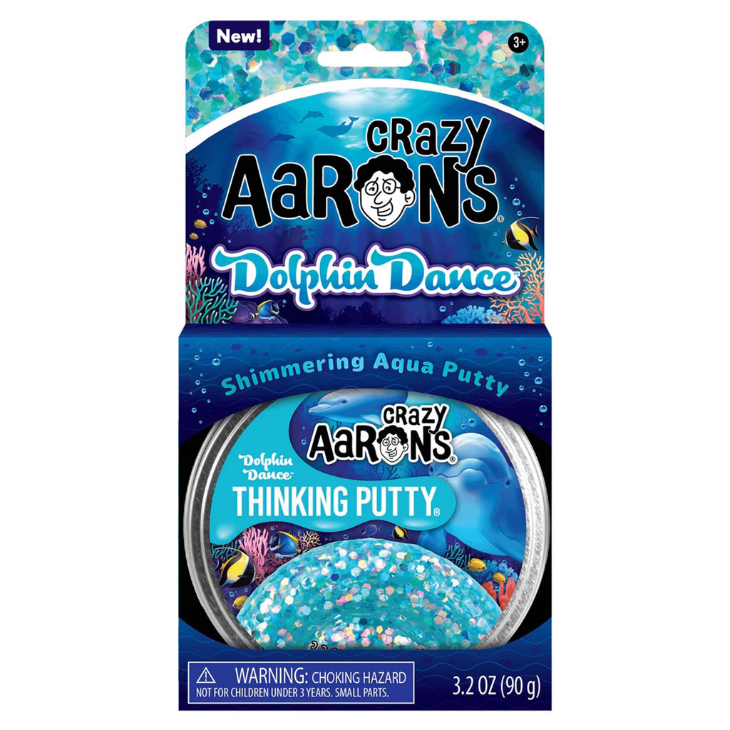 Crazy Aaron's Dolphin Dance aqua blue thinking putty with iridescent confetti pieces in tin, in box packaging, front view.