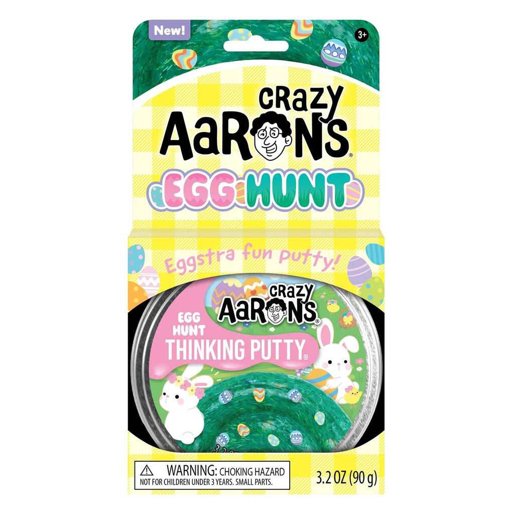 Crazy Aaron's Egg Hunt Easter themed green glittery thinking putty with clay eggs in tin, in box packaging, front view.