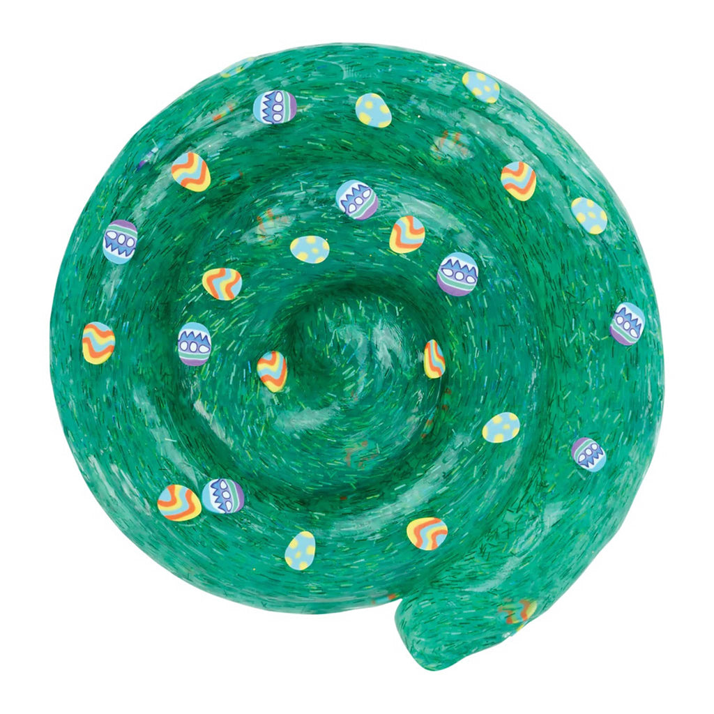 Crazy Aaron's Egg Hunt Easter themed green glittery thinking putty with clay eggs in a swirl.