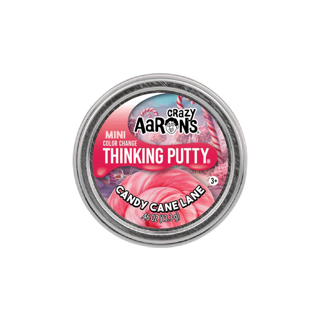 Crazy Aaron's Thinking Putty in Candy Cane Lane, mini tin on a white background.