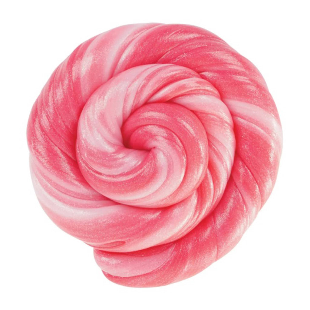 Red and white thinking putty swirl on a white background.