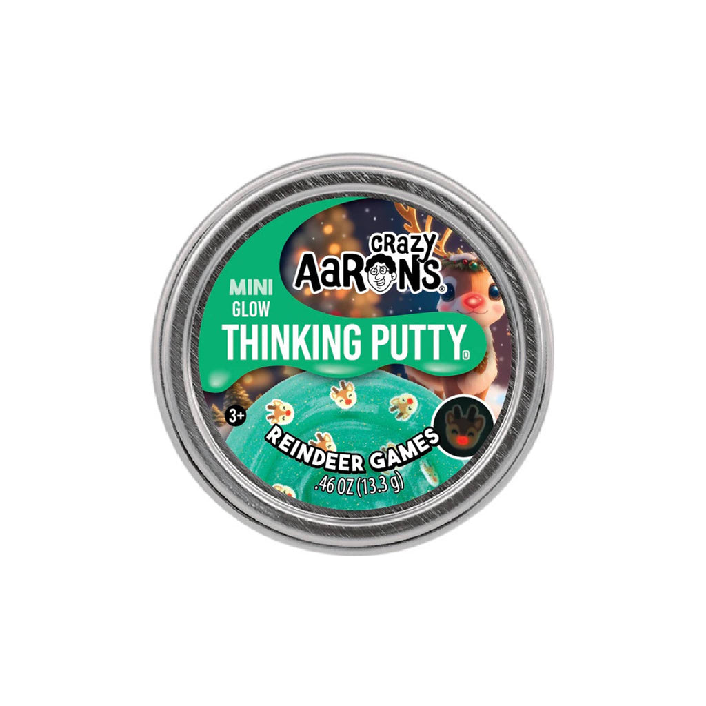 Crazy Aaron's Thinking Putty in Reindeer Games, mini tin on a white background.