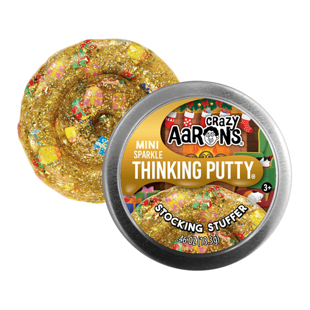 Crazy Aaron's Stocking Stuffer gold glitter holiday Sparkle Thinking Putty in mini tin with swirl.