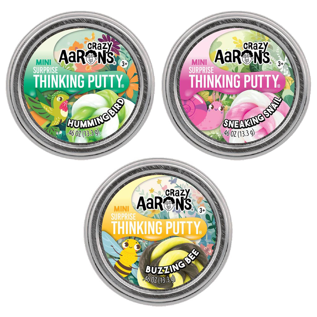 Crazy Aaron's mini surprise thinking putty tins in hummingbird, sneaking snail and buzzing bee.