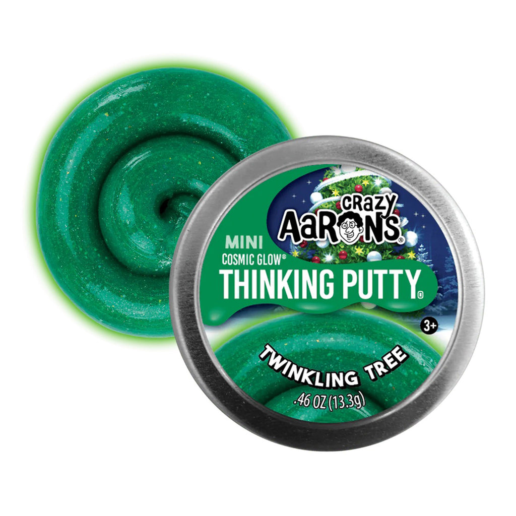Crazy Aaron's Twinkling Tree green glitter holiday Cosmic Glow Thinking Putty in mini tin with swirl.