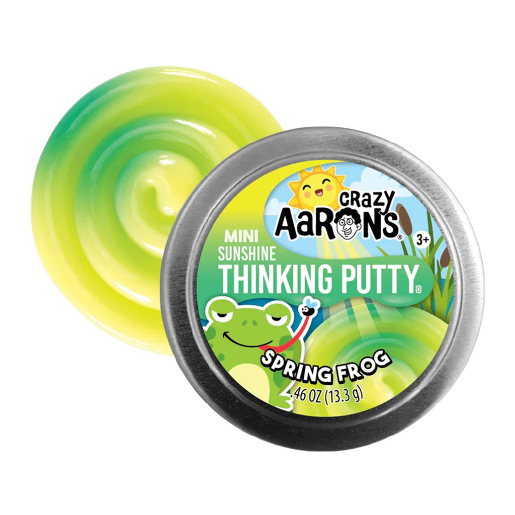 Crazy Aaron's Spring Frog Mini Sunshine Thinking Putty tin packaging with a swirly blob of putty, the putty changes color from yellow to green in sunlight.