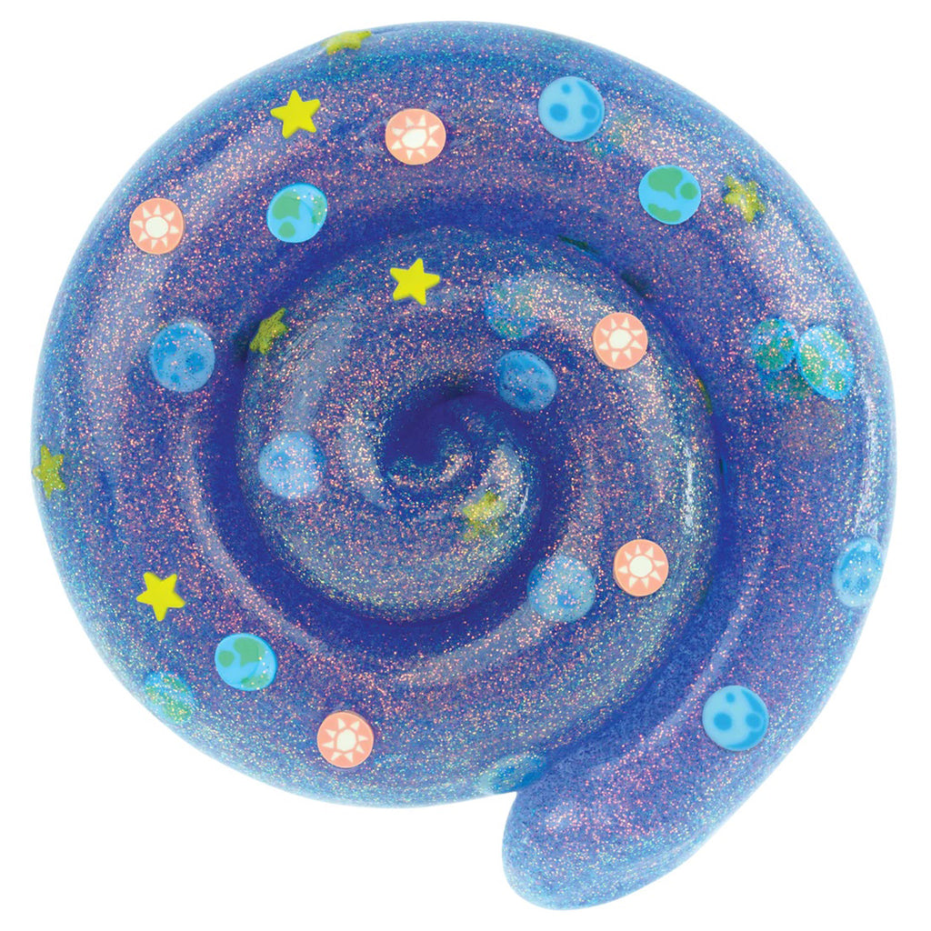 Crazy Aaron's Total Eclipse Cosmic Glow Thinking Putty swirl, blue putty with glitter and glow in the dark stars, suns and planets.