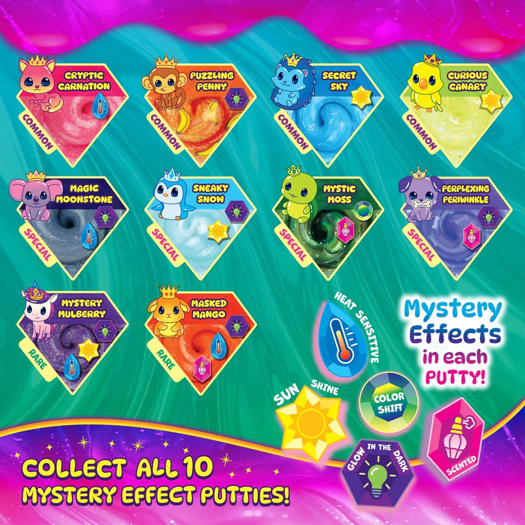 Full selection of Crazy Aaron's Treasure Reveal Thinking Putty mini tins on a colorful background.