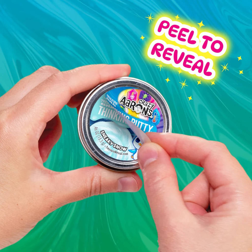 Person peeling the lid off a container of Aaron's Thinking Putty against a teal background with 'Peel to Reveal' text.