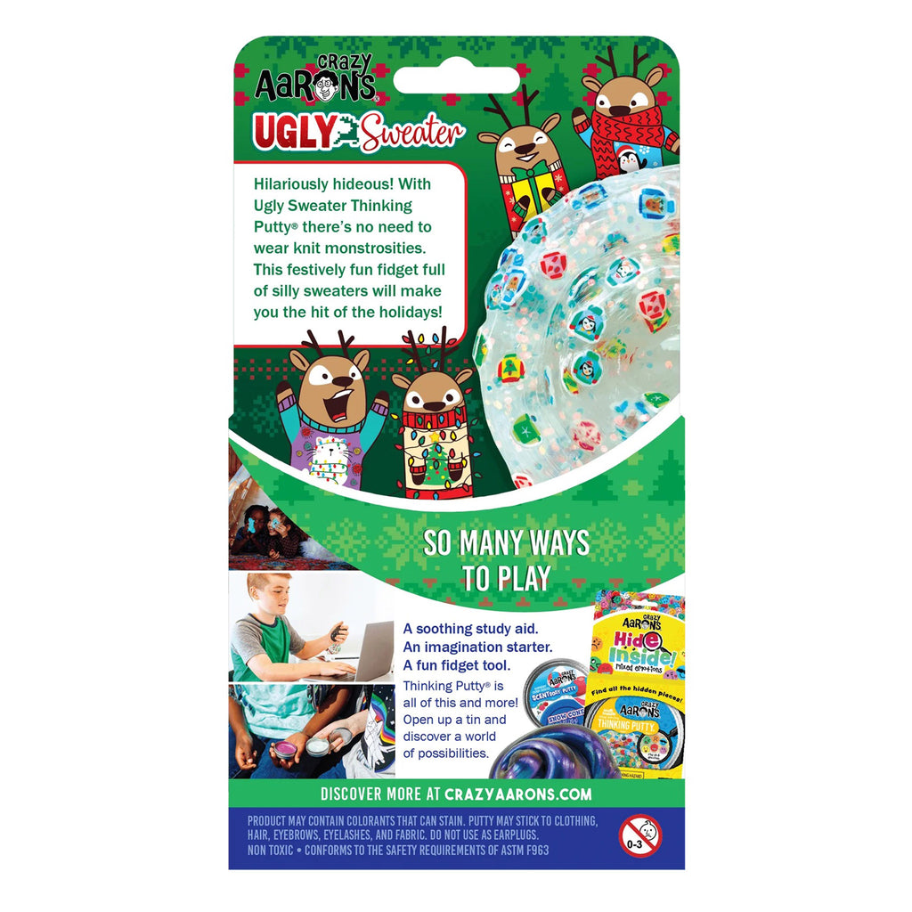 Crazy Aaron's Ugly Sweater Holiday Christmas festive fun thinking putty, back of  packaging.