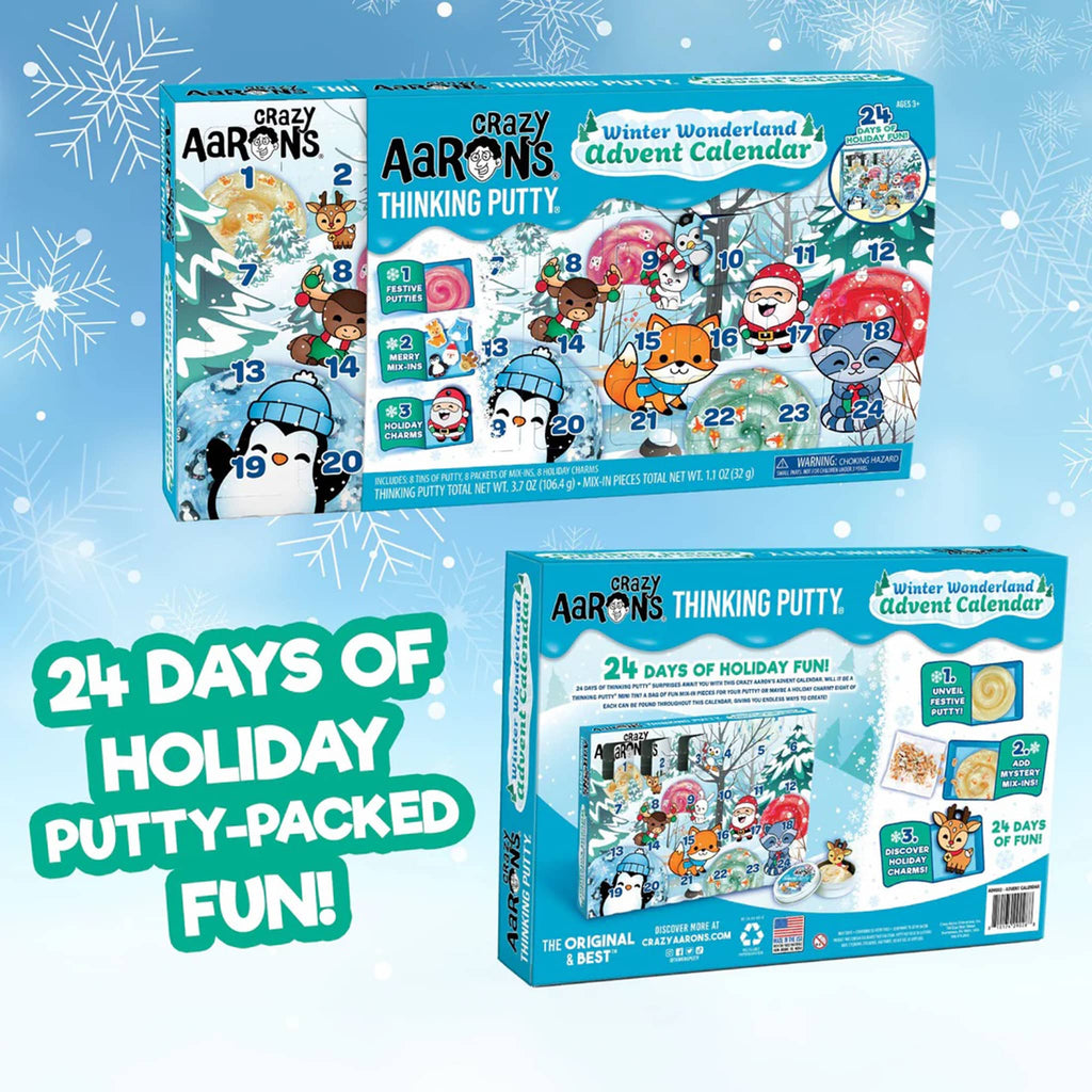 Crazy Aaron's Thinking Putty Advent Calendar packaging front and back, on a snowy background.