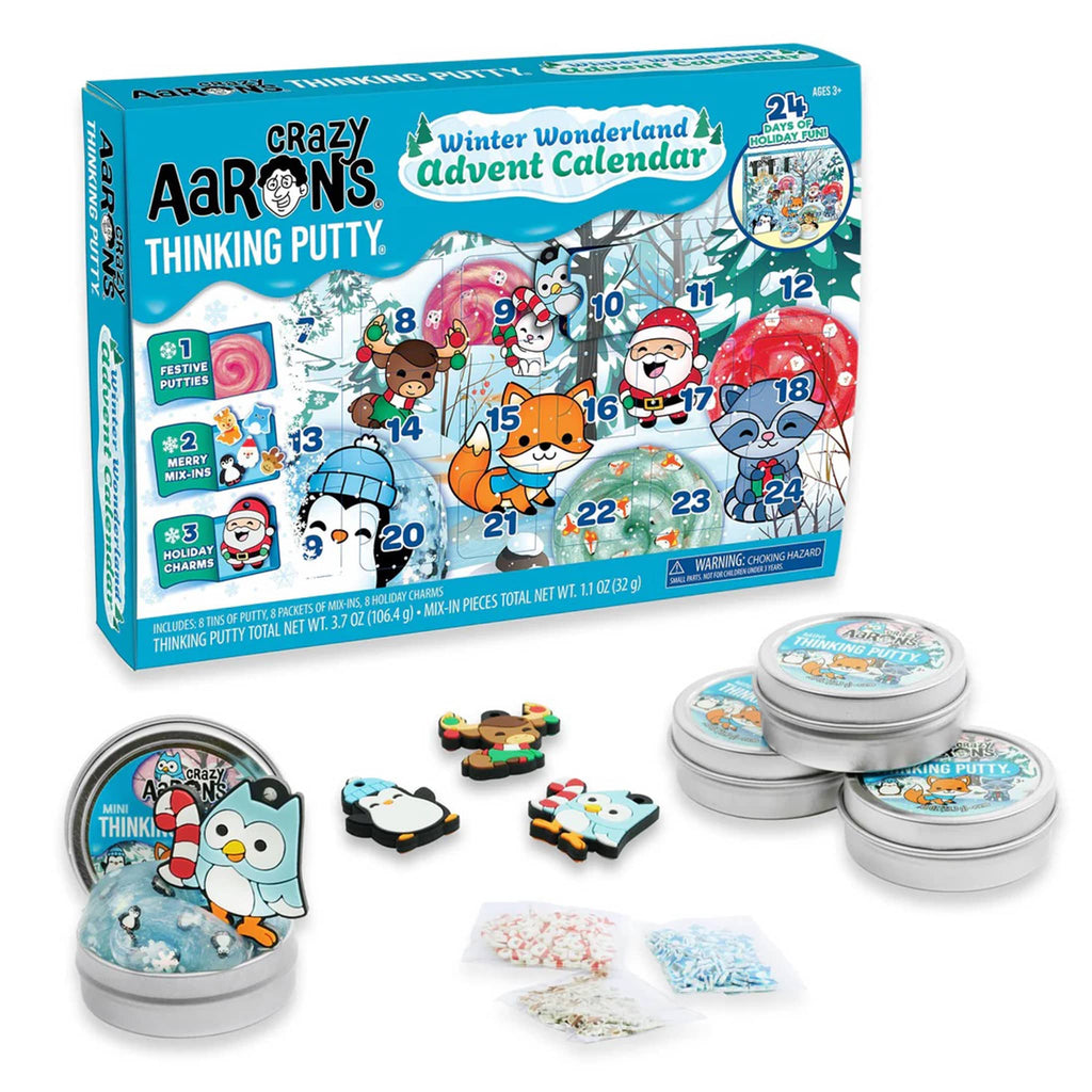 Crazy Aaron's Thinking Putty Winter Wonderland Advent Calendar packaging with putty tins and figures, on a white background.