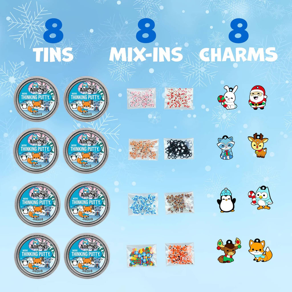 Illustration of a advent calendar contents with 8 tins of thinking putty, mix-ins, and charms on a blue background with snowflake decorations.