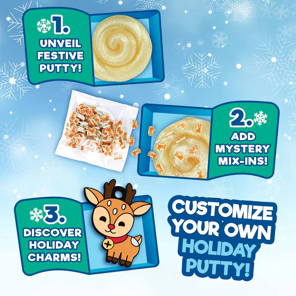 Illustration of a festive putty kit with reindeer charm and snowflake decorations on a blue background.