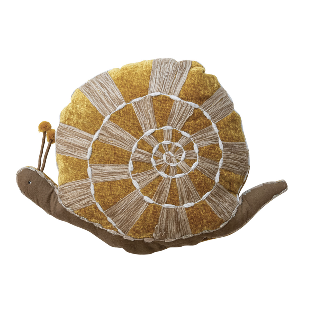 Creative Co-op Hand woven fabric snail-shaped pillow, front view.