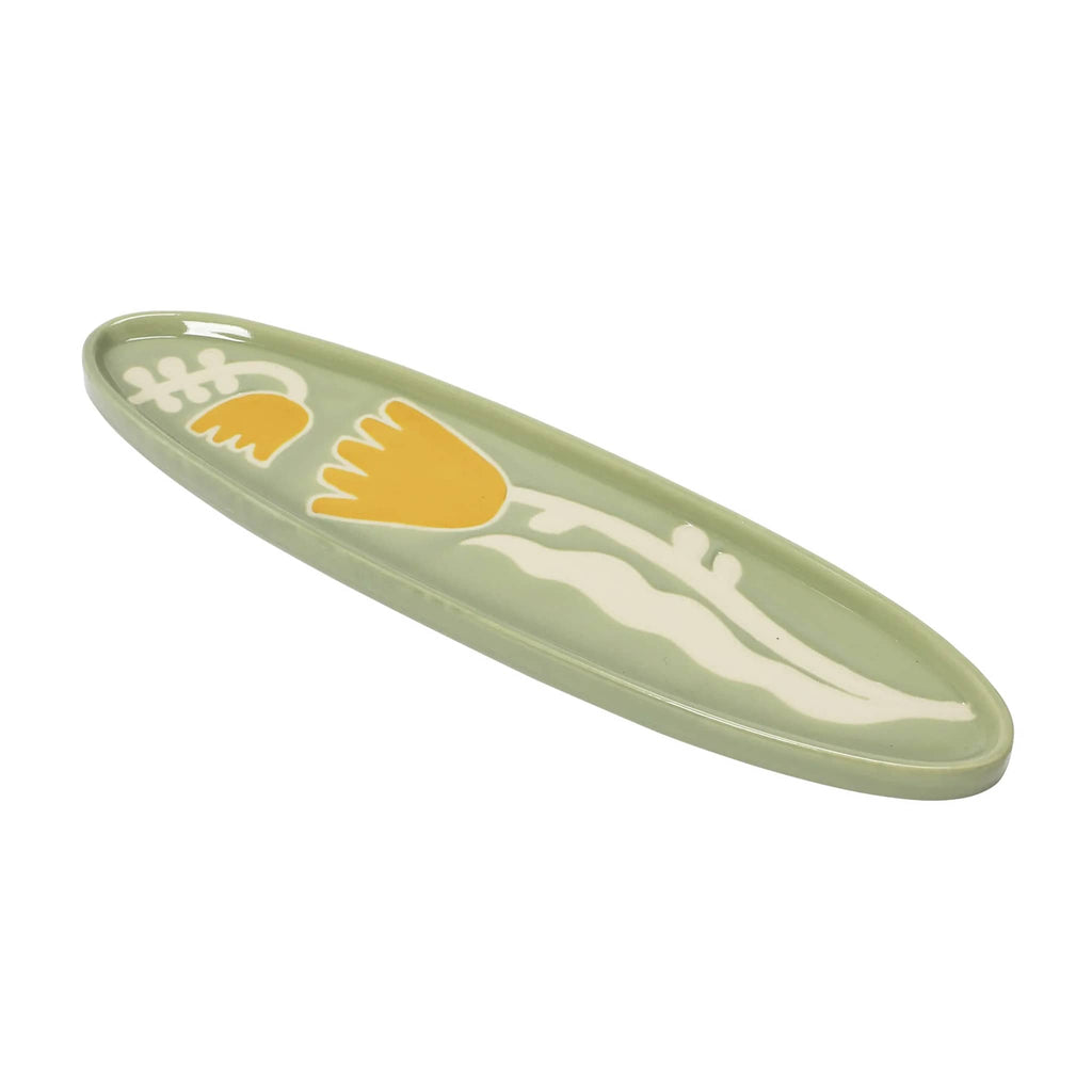 Creative Co-op hand-painted sage green stoneware oval tray with wax relief flowers, top and side angle.