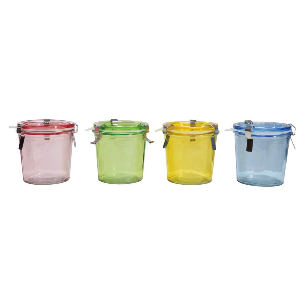 Creative Co-op airtight glass food storage jar in four colors, from left to right, pink, green, yellow and blue.