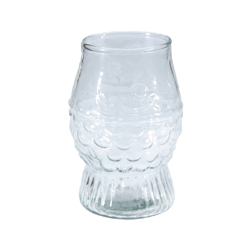 Creative Co-op fish-shaped 12 ounce drinking glass in clear pressed glass, front view.