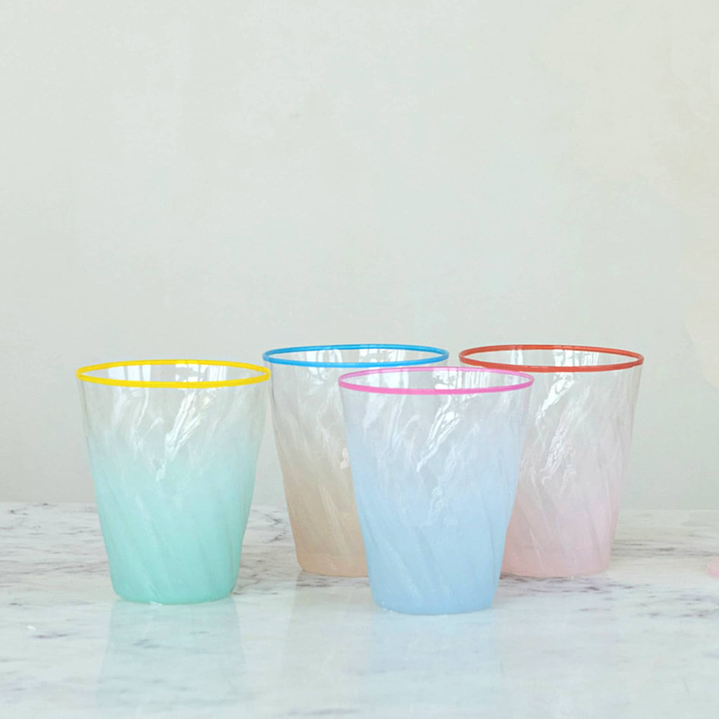 Creative Co-op Twisted Pastel Drinking Glass with Colored Rim in 4 colors.