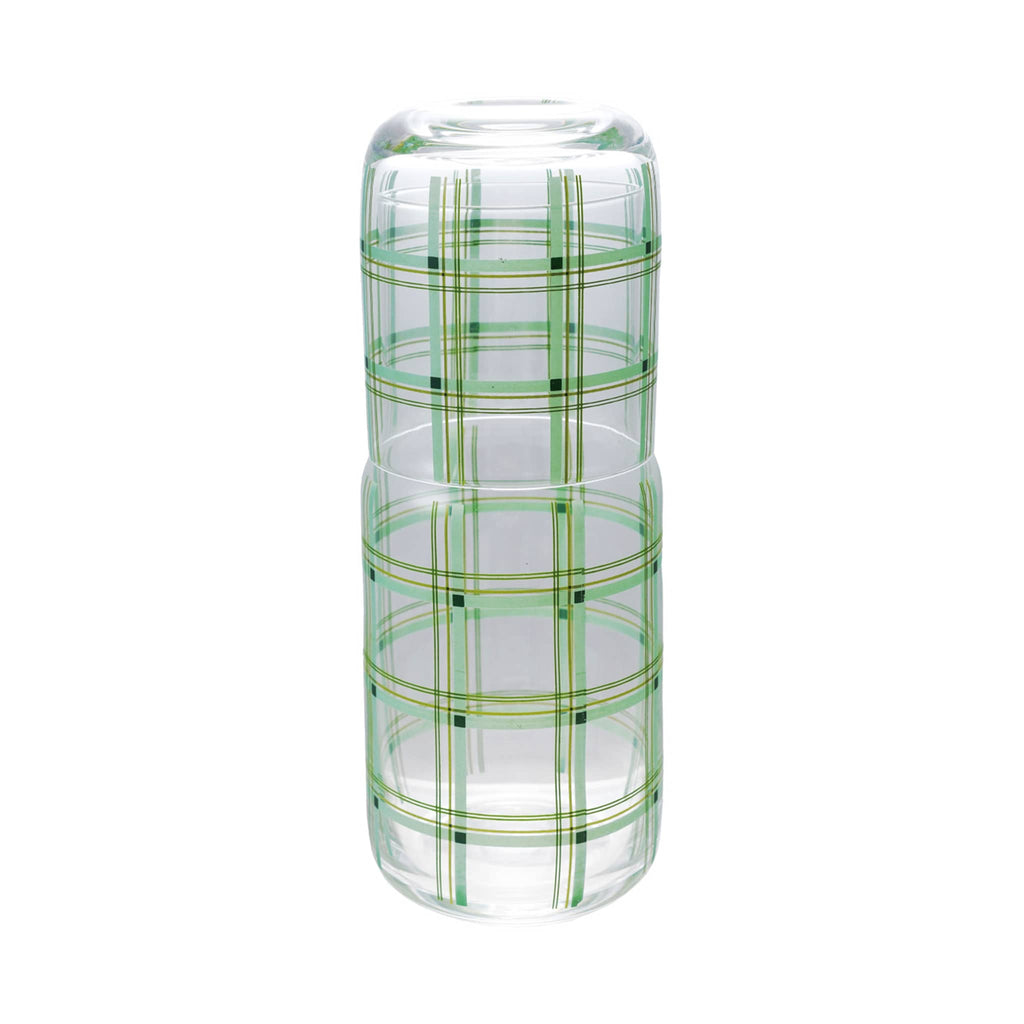 Creative Co-op Green Plaid glass carafe with matching drinking glass, stacked.