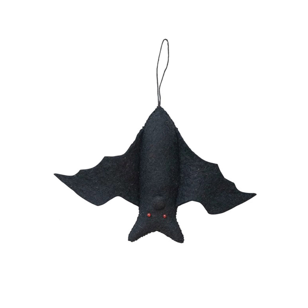 Creative Co-op Large Handmade Black Wool Felt Hanging Bat Ornament with red bead eyes.