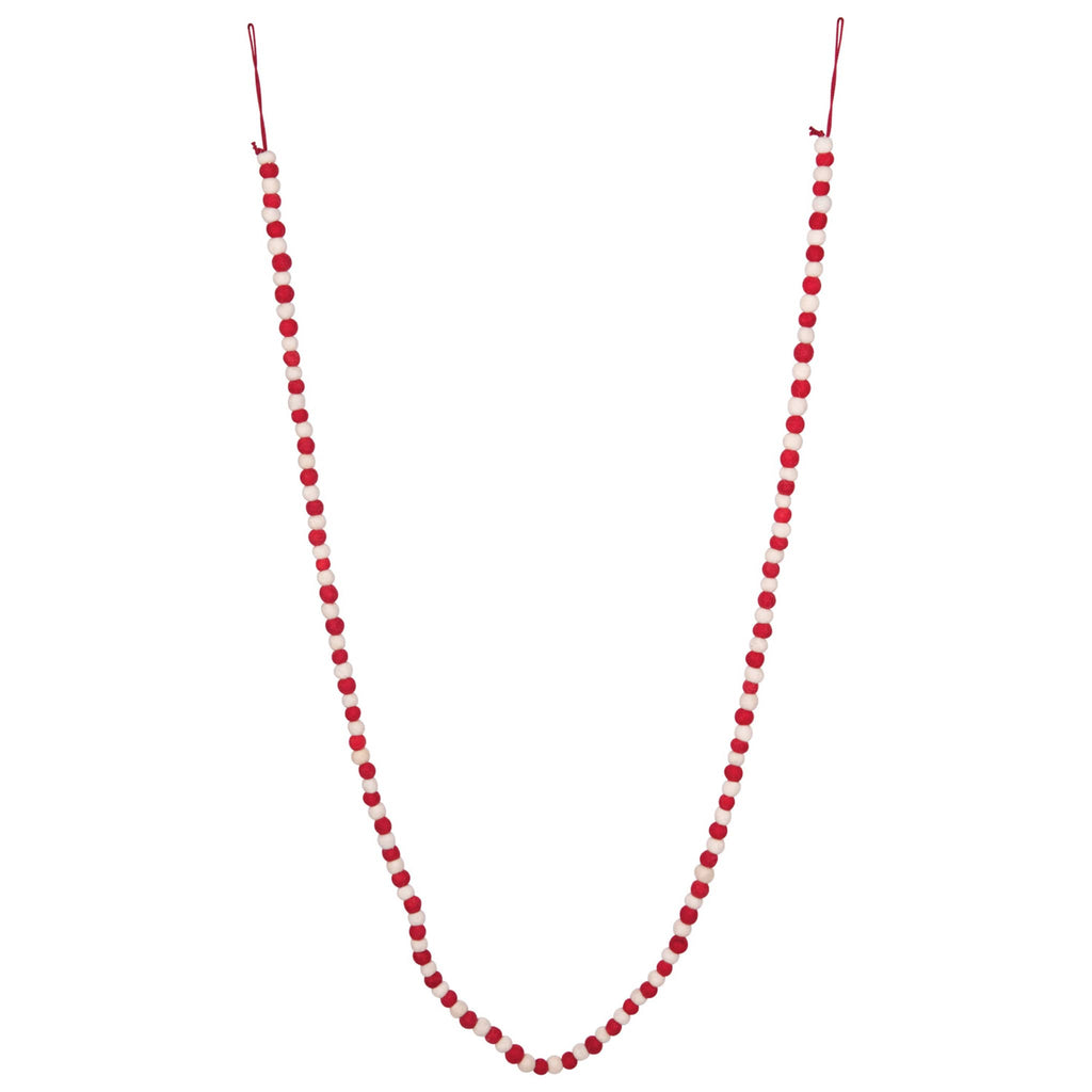 Decorative garland with alternating red and white wool felt balls and hanging loops at both ends, on a white background.