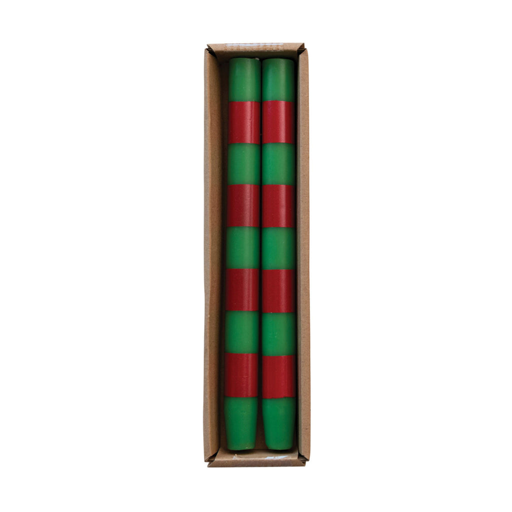 Creative Co-op Green and Red Striped Unscented Taper Candles, set of 2 in kraft paper packaging.