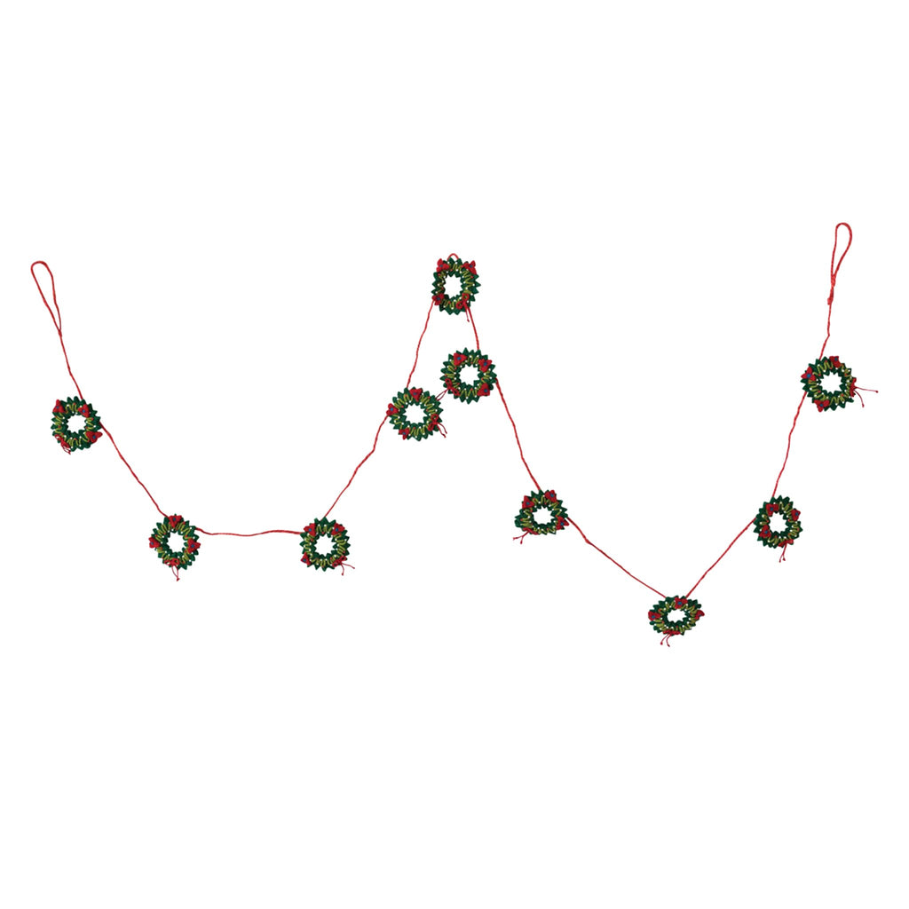 Decorative garland with small embroidered wreaths and hanging loops at both ends, on a white background.