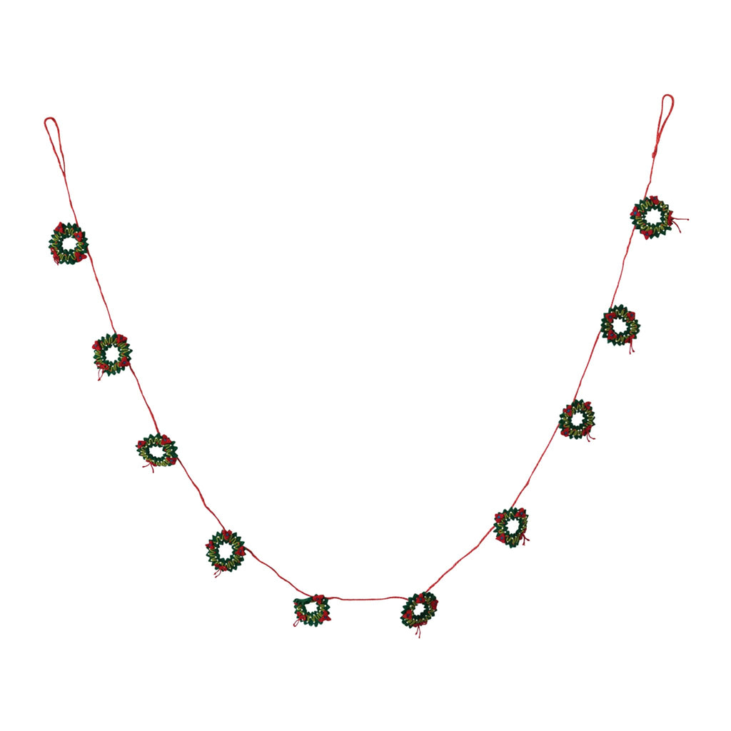 Decorative garland with small wreath ornaments on a white background.