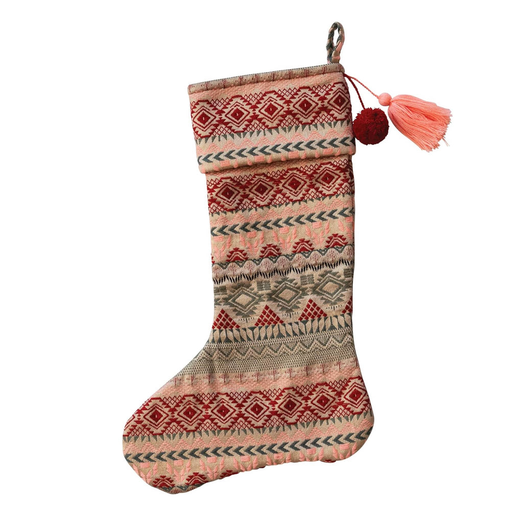 Decorative jacquard Christmas stocking with a pattern and pom-pom and tassel, on a white background.