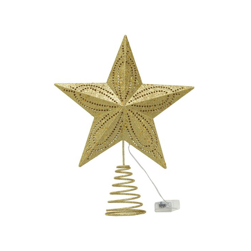 Gold star-shaped Christmas tree topper with cut-outs, unlit, on a white background.