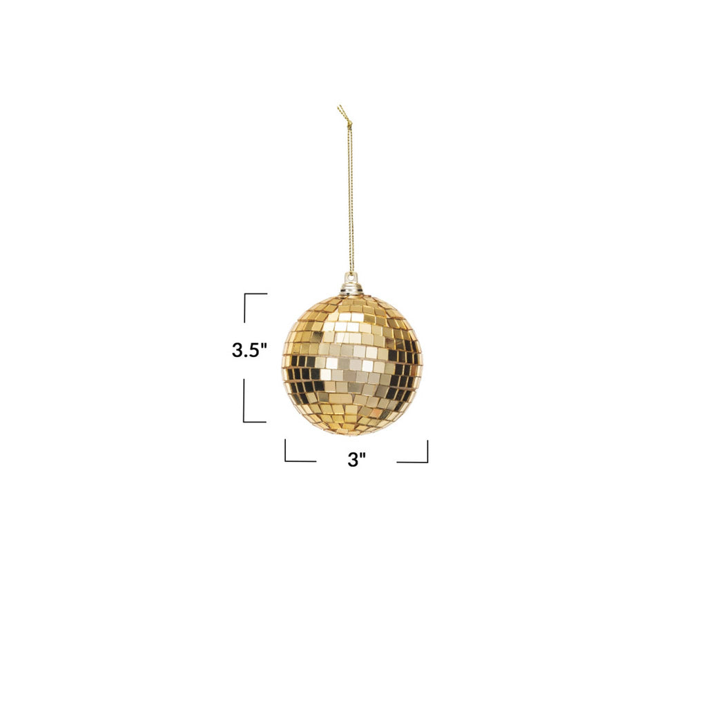 Creative Co-op 3 inch diameter glass and foam gold tone disco ball holiday ornament with measurements.