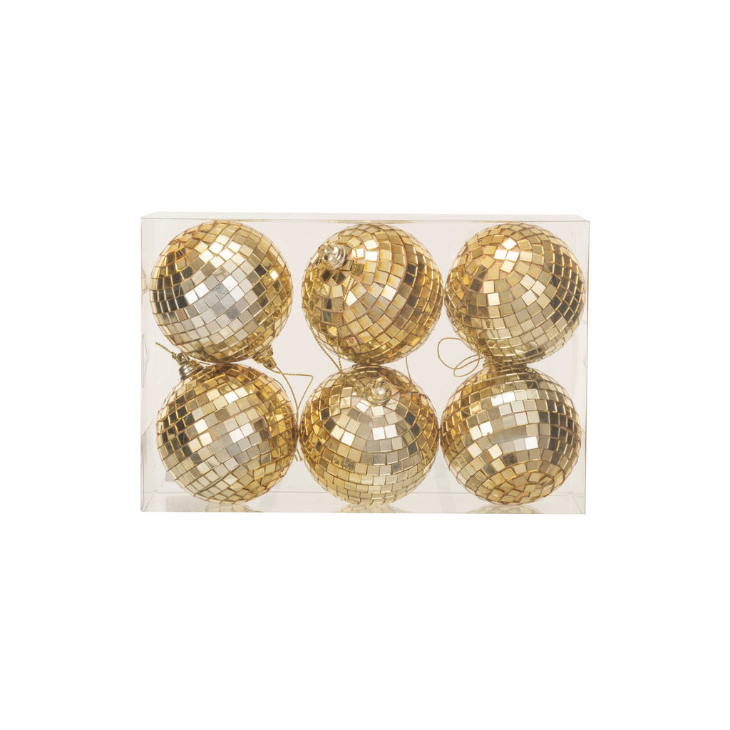 Creative Co-op 3 inch diameter glass and foam gold tone disco ball holiday ornaments, set of six in acetate box packaging.