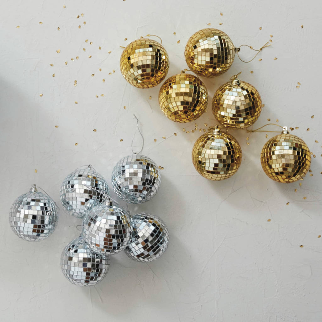 Creative Co-op 3 inch diameter glass and foam disco ball holiday ornaments,  set of six in gold tone and silver tone with gold gllitter.