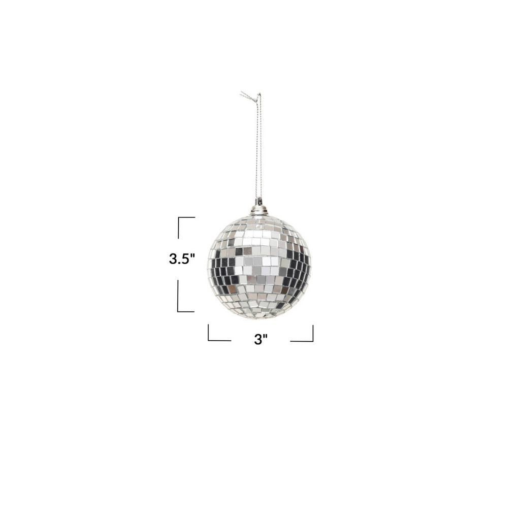 Creative Co-op 3 inch diameter glass and foam silver tone disco ball holiday ornament, shown with measurements.