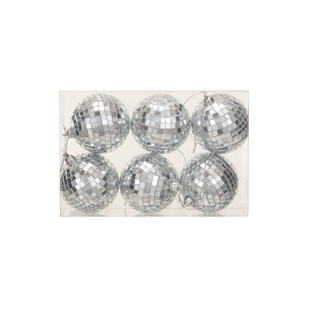 Creative Co-op 3 inch diameter glass and foam silver tone disco ball holiday ornaments, set of six in acetate box packaging.