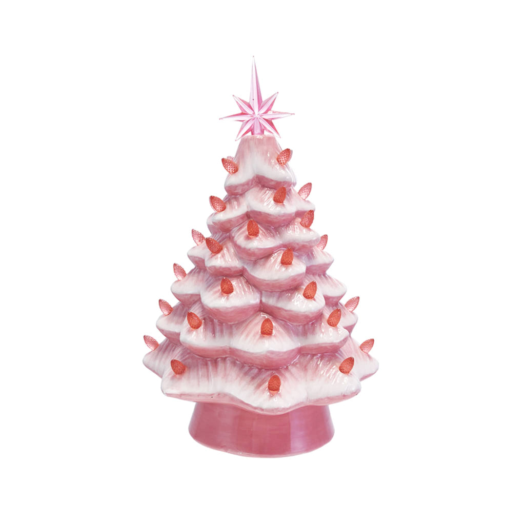 Pink and white ceramic Christmas tree with pink lights and star on top, on a white background.