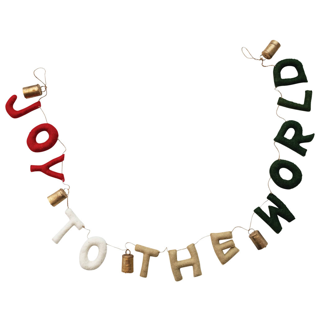 Decorative garland with 'Joy to the World' felt letters and gold bells, with hanging loops at each end, on a white background.