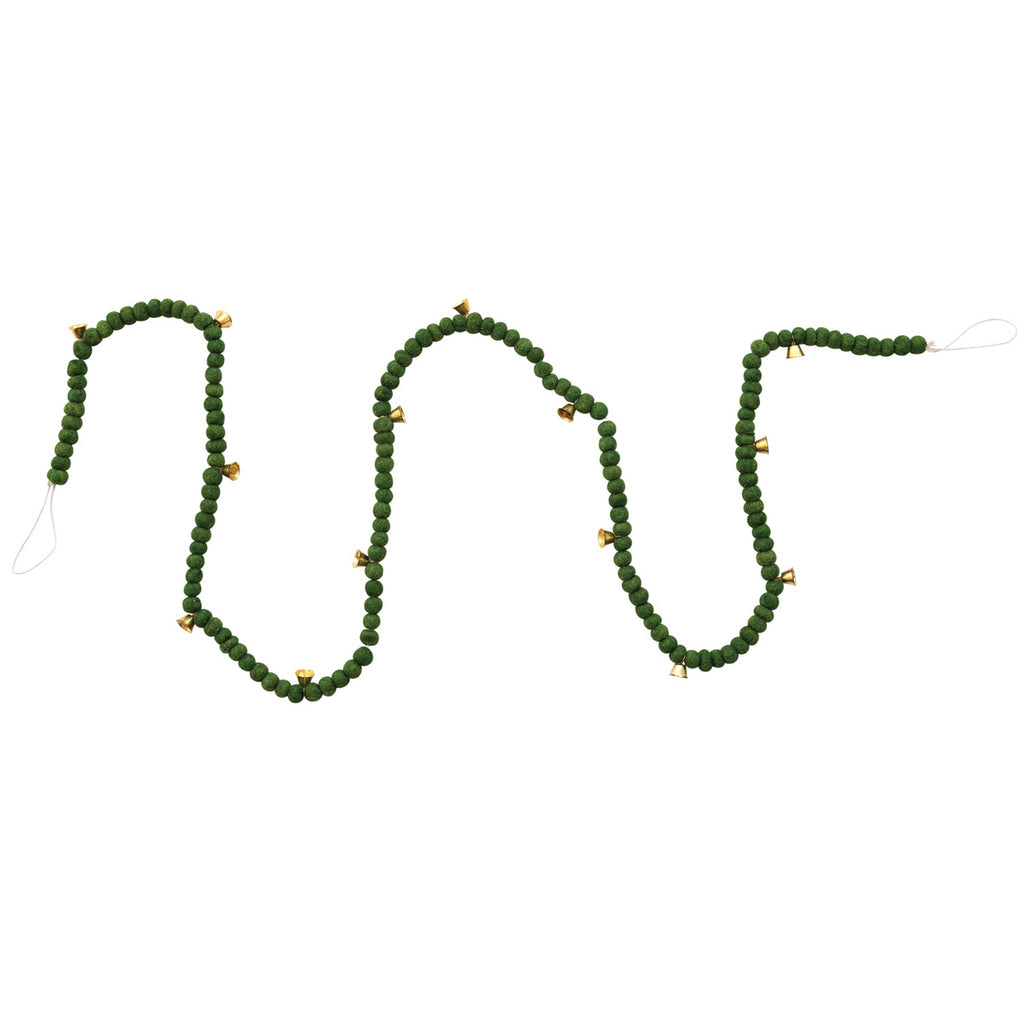Decorative garland with green wool felt balls and gold bells, with hanging loops at both ends, on a white background.